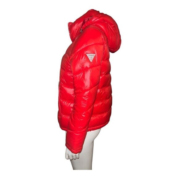 GUESS Womens High-Shine Hooded Puffer Coat Hooded Hot Orange Medium NWOT - Picture 4 of 9